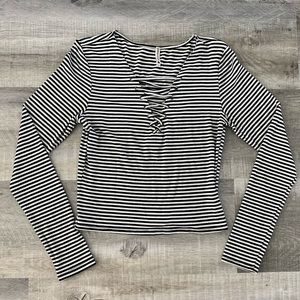 LF Striped Lace Up Long Sleeve Top